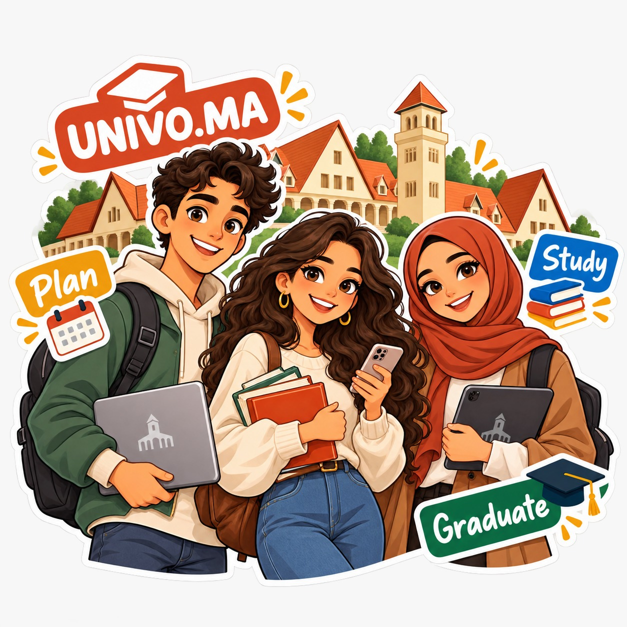 Illustrated Moroccan students: plan, study, graduate