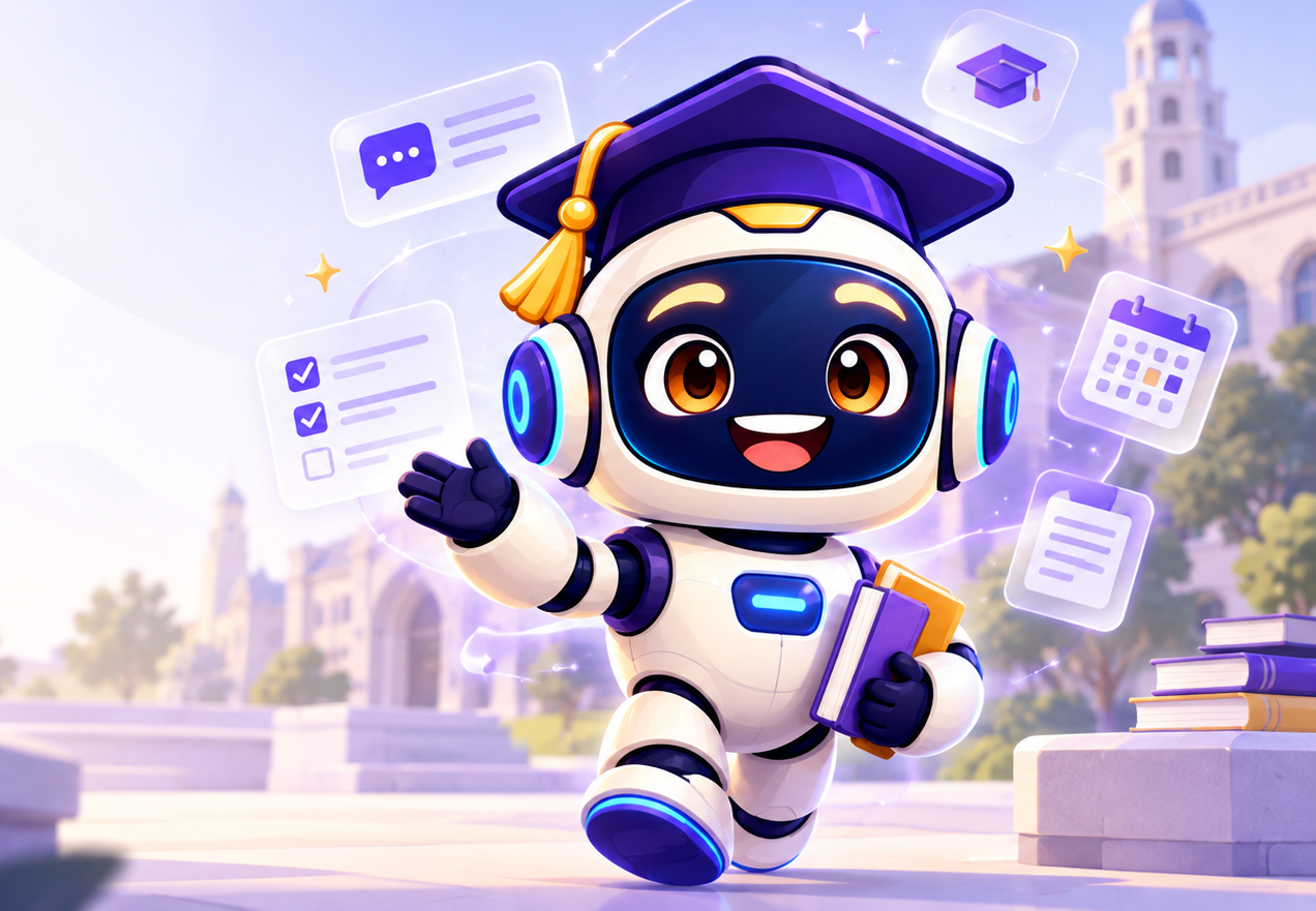 Univo AI tutor walking across campus with study tools floating around it